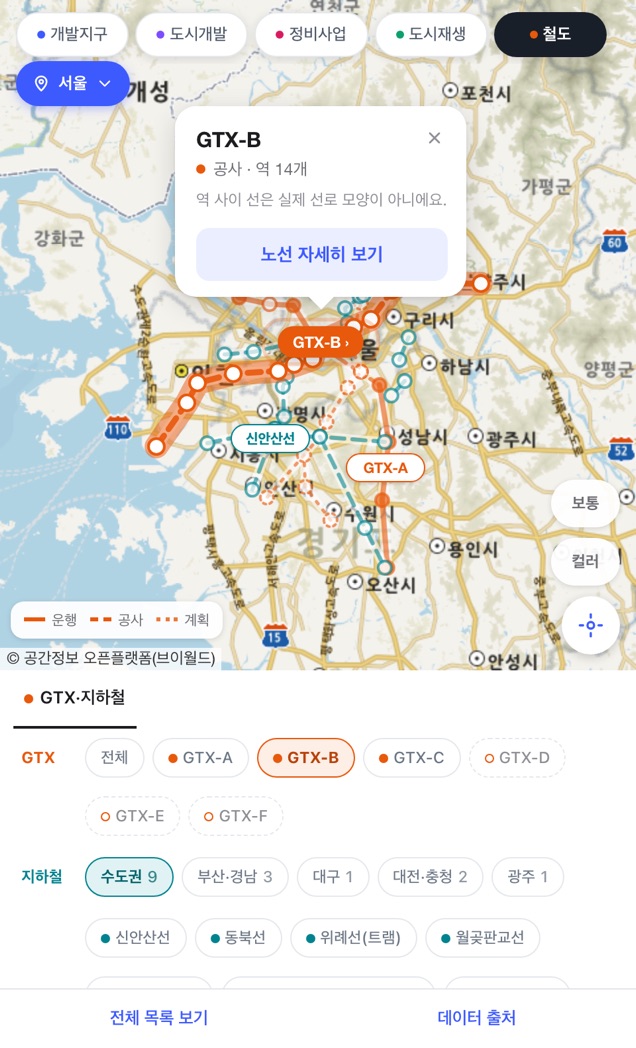 GTX·지하철 노선을 고르고 지역별로 나눠 보는 화면